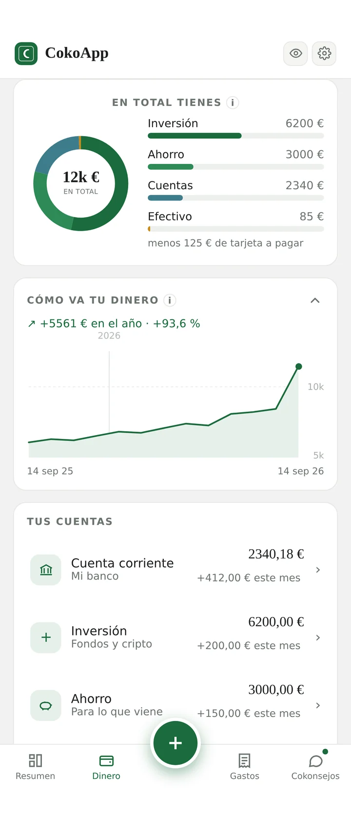 La pantalla Dinero de Coko en el móvil: en total tienes, cómo va tu dinero y tus cuentas