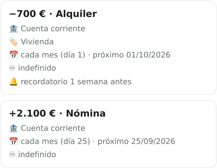 Recurrentes: el alquiler y la nómina, cada uno con su cuenta, su día y su aviso